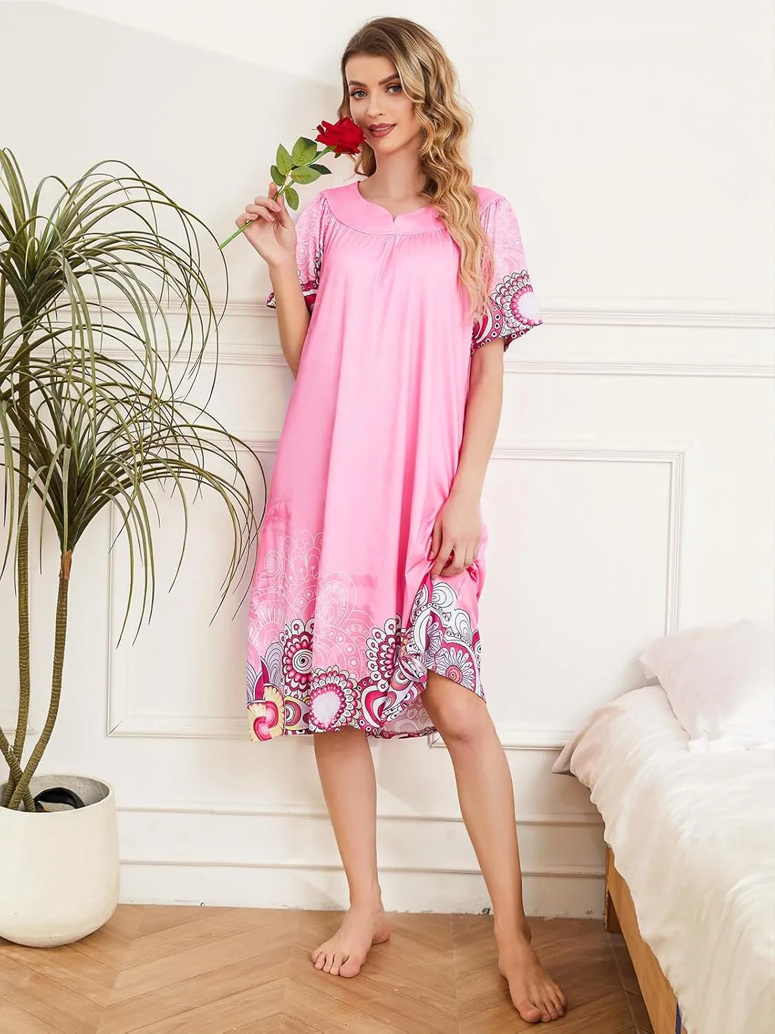House Dresses for Women with Pockets Moo Moo Nightgown Short Sleeve Mumu Dress Lounge Dress S-3XL