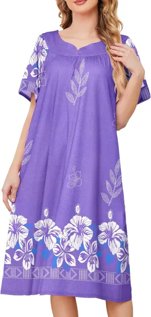 House Dresses for Women with Pockets Moo Moo Nightgown Short Sleeve Mumu Dress Lounge Dress S-3XL