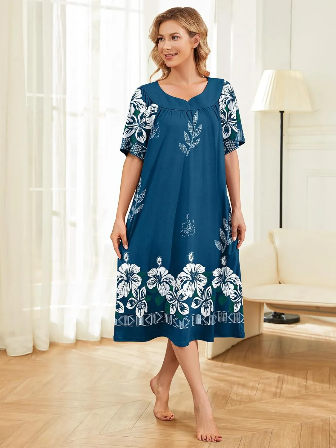 House Dresses for Women with Pockets Moo Moo Nightgown Short Sleeve Mumu Dress Lounge Dress S-3XL