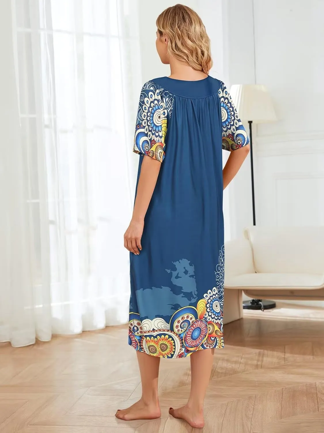 House Dresses for Women with Pockets Moo Moo Nightgown Short Sleeve Mumu Dress Lounge Dress S-3XL