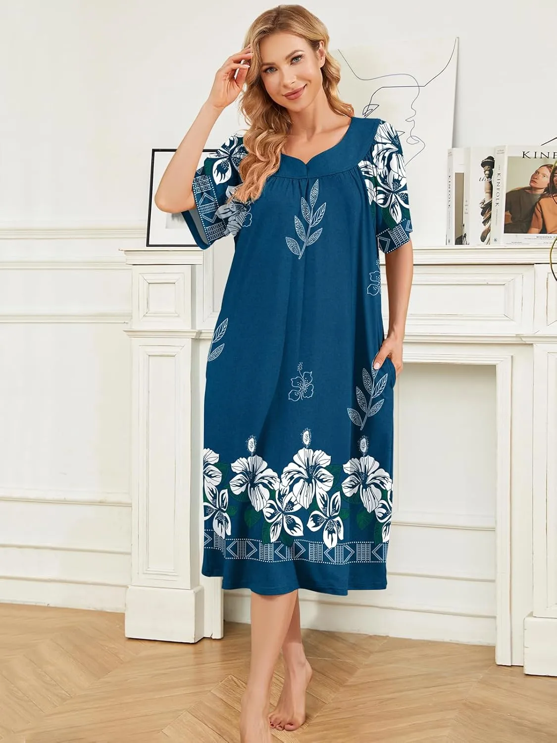 House Dresses for Women with Pockets Moo Moo Nightgown Short Sleeve Mumu Dress Lounge Dress S-3XL