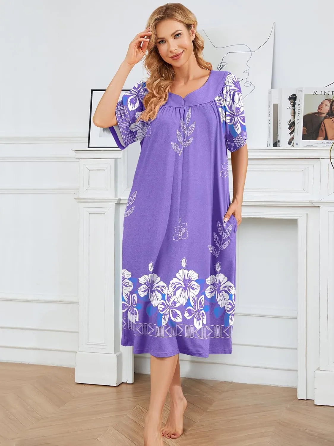 House Dresses for Women with Pockets Moo Moo Nightgown Short Sleeve Mumu Dress Lounge Dress S-3XL