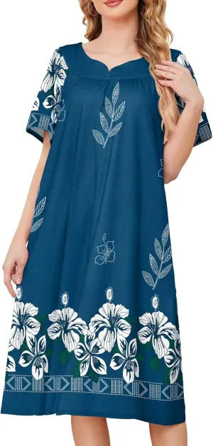 House Dresses for Women with Pockets Moo Moo Nightgown Short Sleeve Mumu Dress Lounge Dress S-3XL