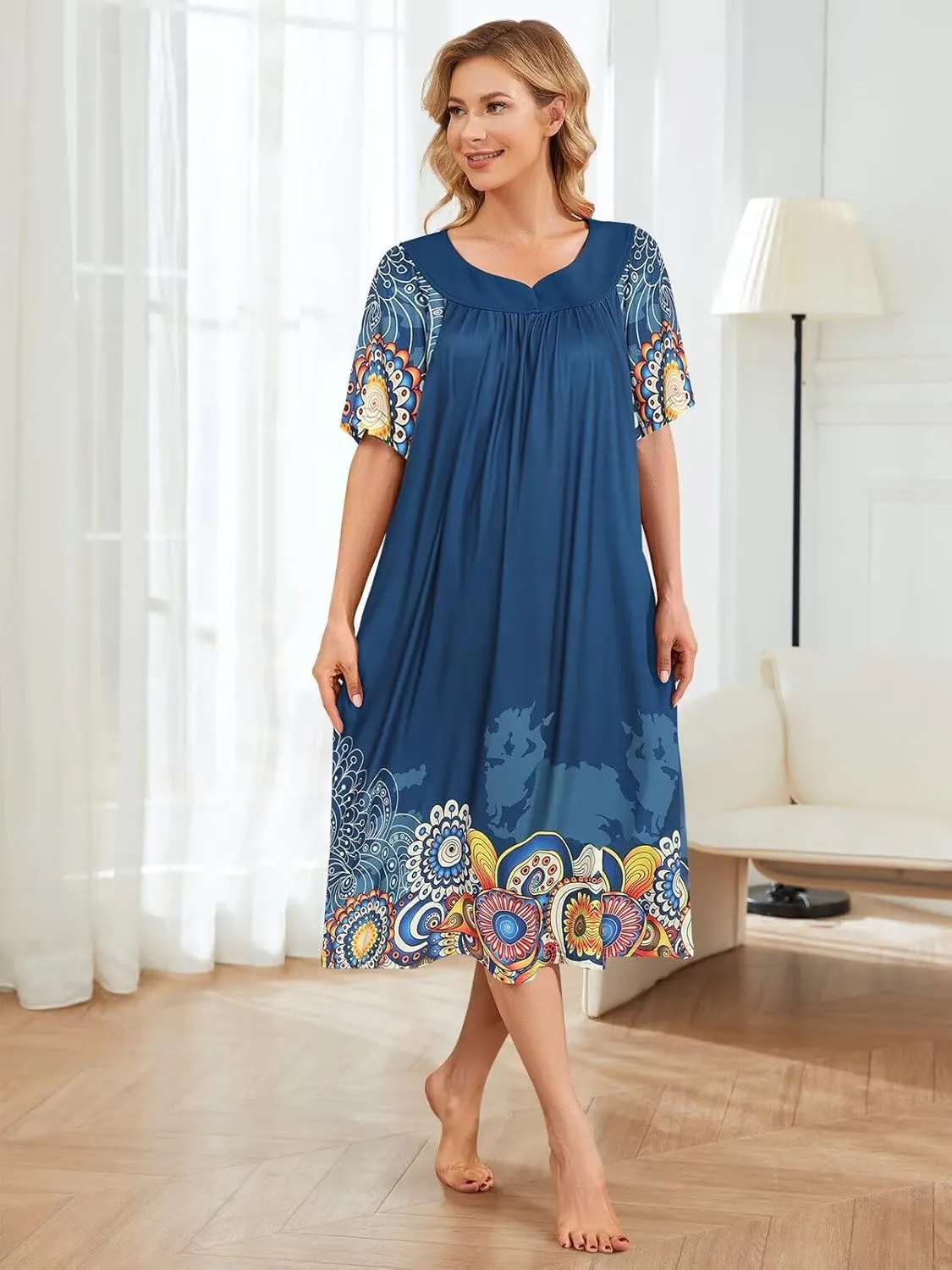 House Dresses for Women with Pockets Moo Moo Nightgown Short Sleeve Mumu Dress Lounge Dress S-3XL