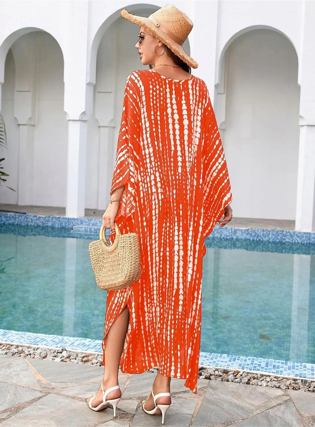 Kaftan Dresses for Women V-Neck Batwing Sleeves Swimsuit Beach Cover Ups Tie Dye Caftan Hawaiian Dress