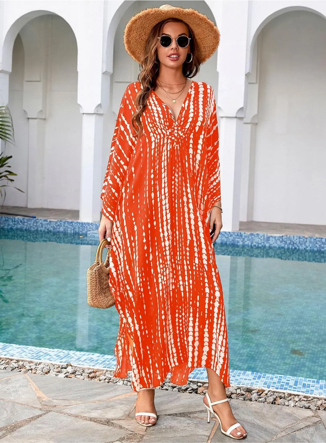 Kaftan Dresses for Women V-Neck Batwing Sleeves Swimsuit Beach Cover Ups Tie Dye Caftan Hawaiian Dress