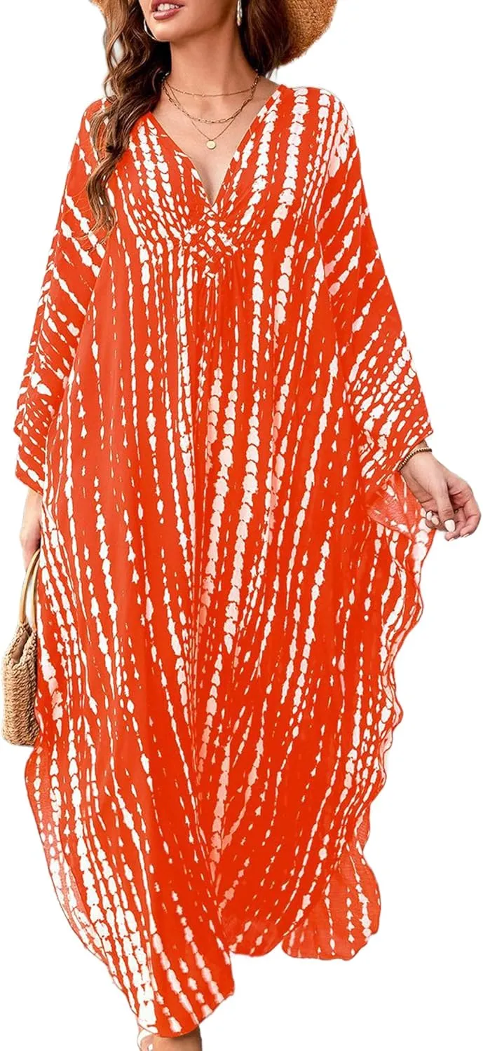 Kaftan Dresses for Women V-Neck Batwing Sleeves Swimsuit Beach Cover Ups Tie Dye Caftan Hawaiian Dress