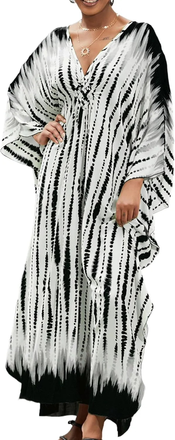 Kaftan Dresses Plus Size V-Neck Women's Swimwear Cover Ups Tie Dye Batwing Sleeves Mumu Caftan Dress