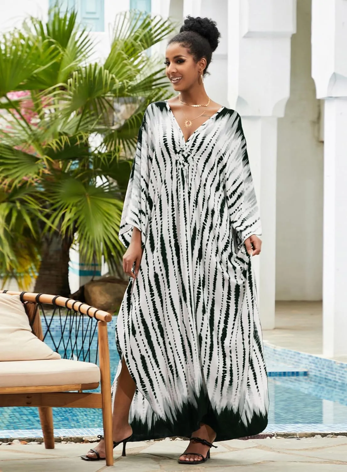 Kaftan Dresses Plus Size V-Neck Women's Swimwear Cover Ups Tie Dye Batwing Sleeves Mumu Caftan Dress