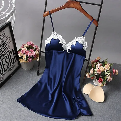 Ladies Sexy Nightdress Silk V-Neck Floral Sleepwear Lingerie Babydoll Nightgown Mini Sleeveless Women Sleepshirt With Padded Bra