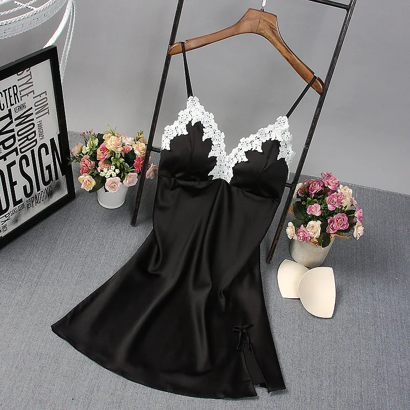 Ladies Sexy Nightdress Silk V-Neck Floral Sleepwear Lingerie Babydoll Nightgown Mini Sleeveless Women Sleepshirt With Padded Bra