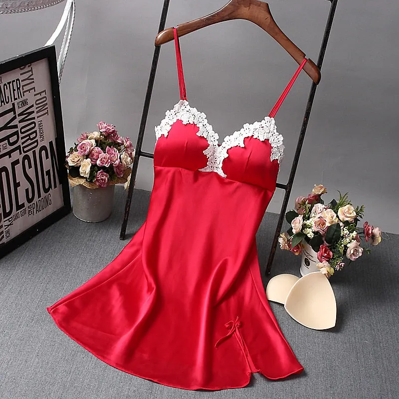 Ladies Sexy Nightdress Silk V-Neck Floral Sleepwear Lingerie Babydoll Nightgown Mini Sleeveless Women Sleepshirt With Padded Bra