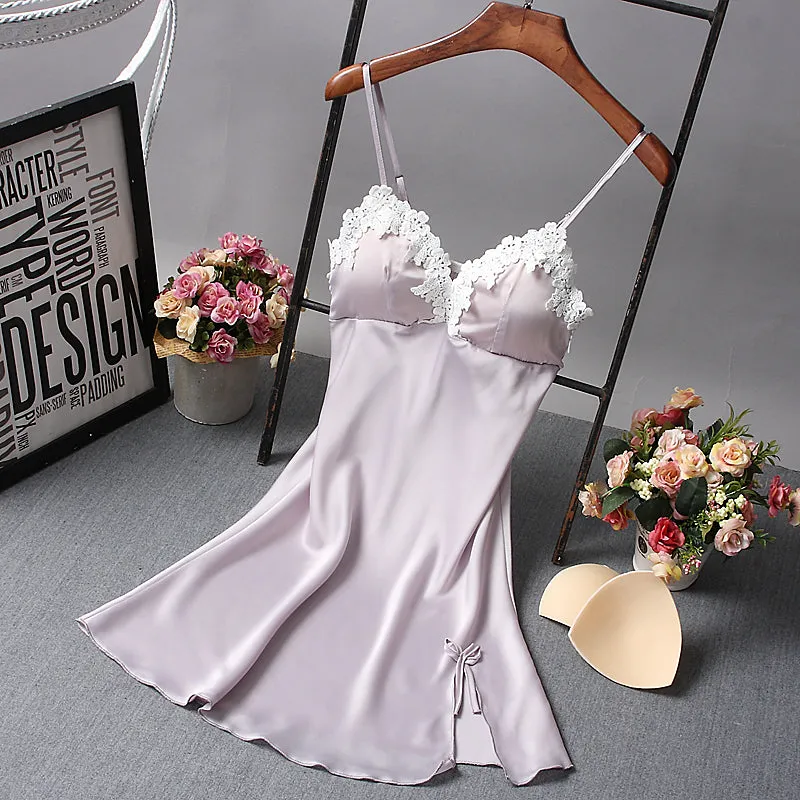Ladies Sexy Nightdress Silk V-Neck Floral Sleepwear Lingerie Babydoll Nightgown Mini Sleeveless Women Sleepshirt With Padded Bra