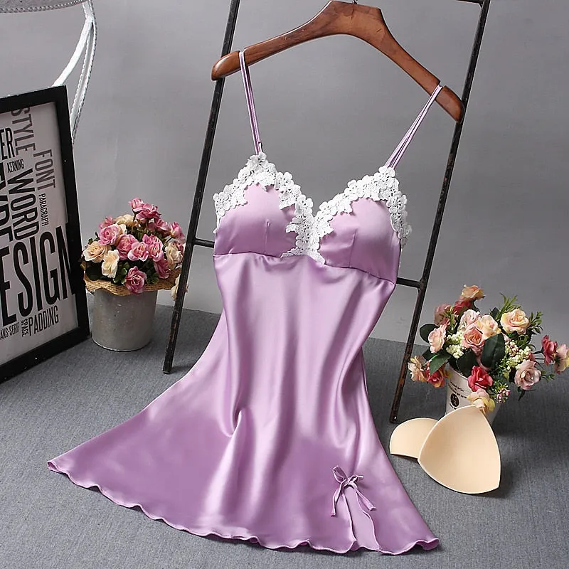Ladies Sexy Nightdress Silk V-Neck Floral Sleepwear Lingerie Babydoll Nightgown Mini Sleeveless Women Sleepshirt With Padded Bra