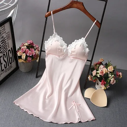 Ladies Sexy Nightdress Silk V-Neck Floral Sleepwear Lingerie Babydoll Nightgown Mini Sleeveless Women Sleepshirt With Padded Bra