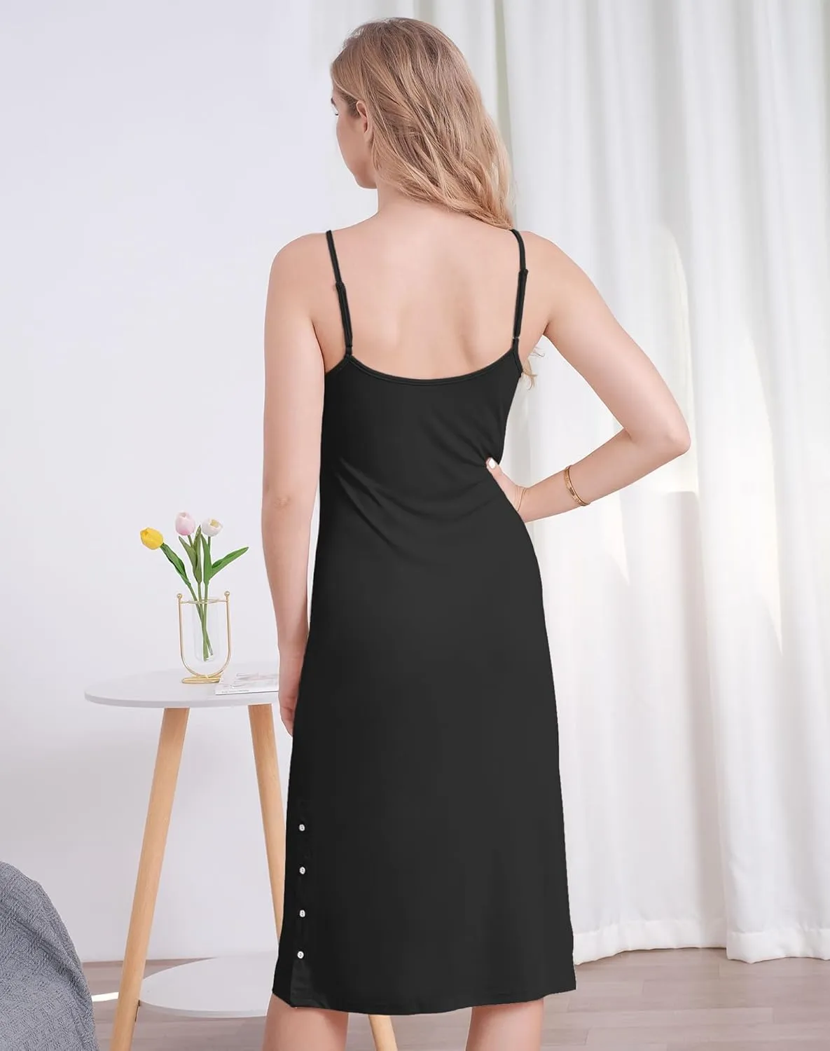 MANCYFIT Full Slip Dress for Women Spaghetti Strap Under Cami Slit Soft Sleeveless Nightgowns