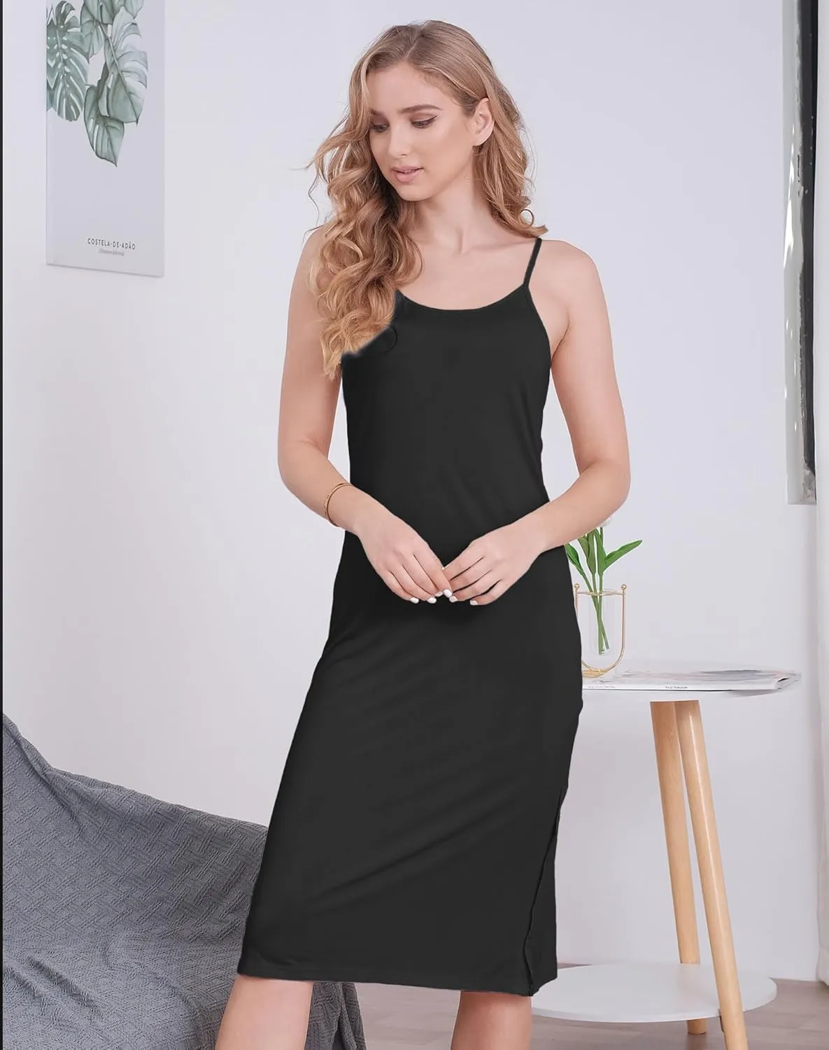 MANCYFIT Full Slip Dress for Women Spaghetti Strap Under Cami Slit Soft Sleeveless Nightgowns