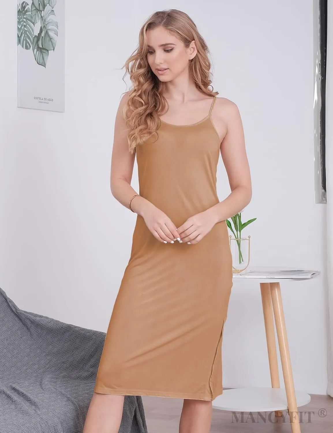 MANCYFIT Full Slip Dress for Women Spaghetti Strap Under Cami Slit Soft Sleeveless Nightgowns