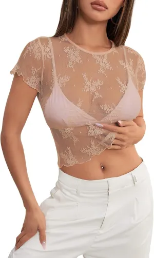 MEROKEETY 2025 Women's Mesh Sheer Lace Crop Top See Through Cap Sleeve Crewneck Summer Sexy Y2K Blouse Shirts