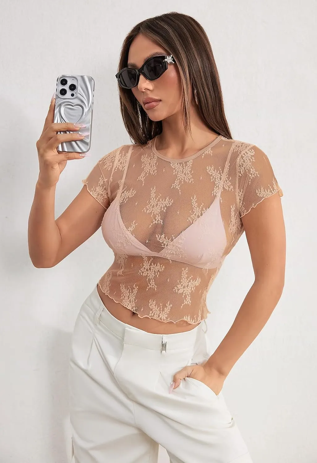 MEROKEETY 2025 Women's Mesh Sheer Lace Crop Top See Through Cap Sleeve Crewneck Summer Sexy Y2K Blouse Shirts