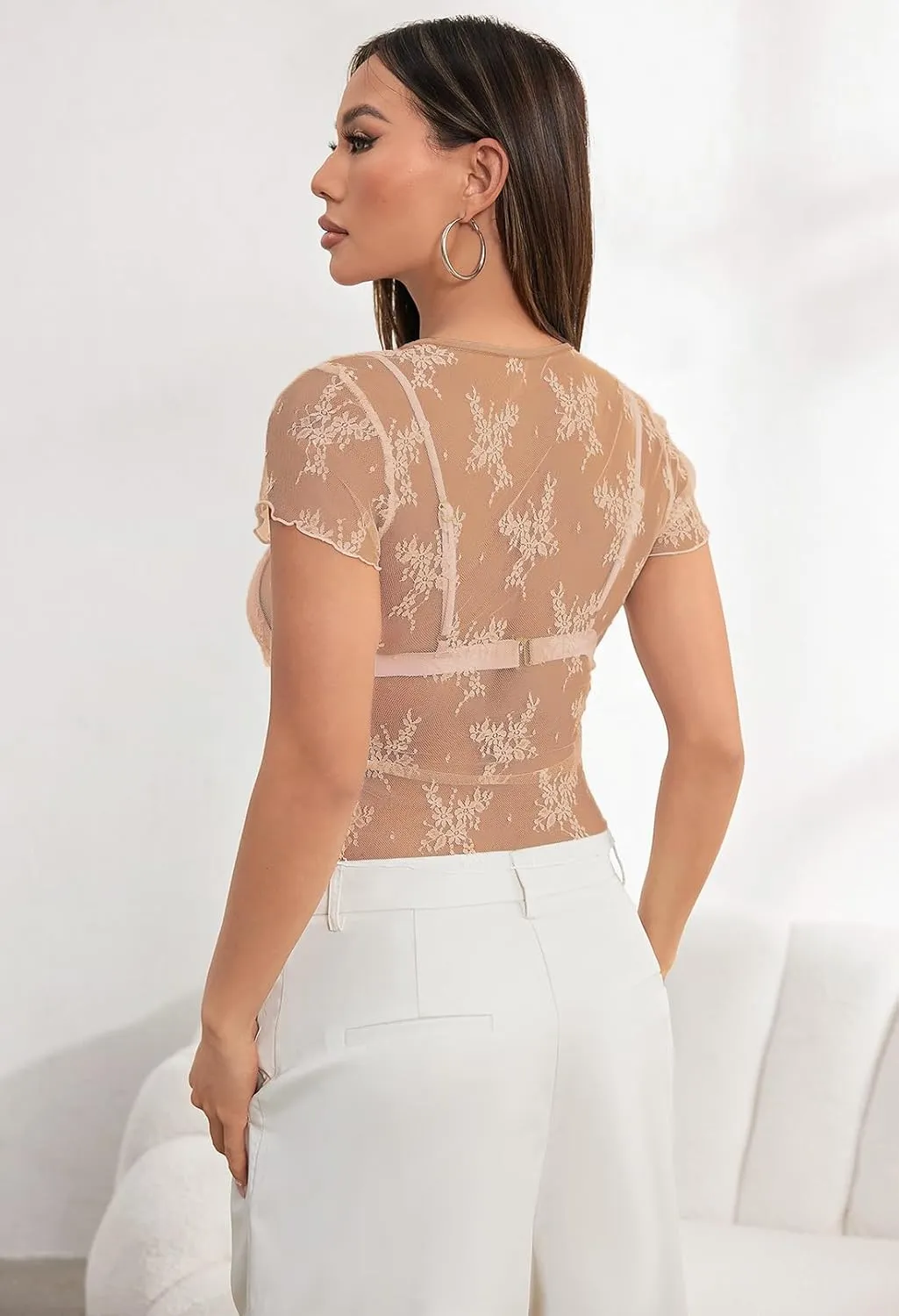MEROKEETY 2025 Women's Mesh Sheer Lace Crop Top See Through Cap Sleeve Crewneck Summer Sexy Y2K Blouse Shirts