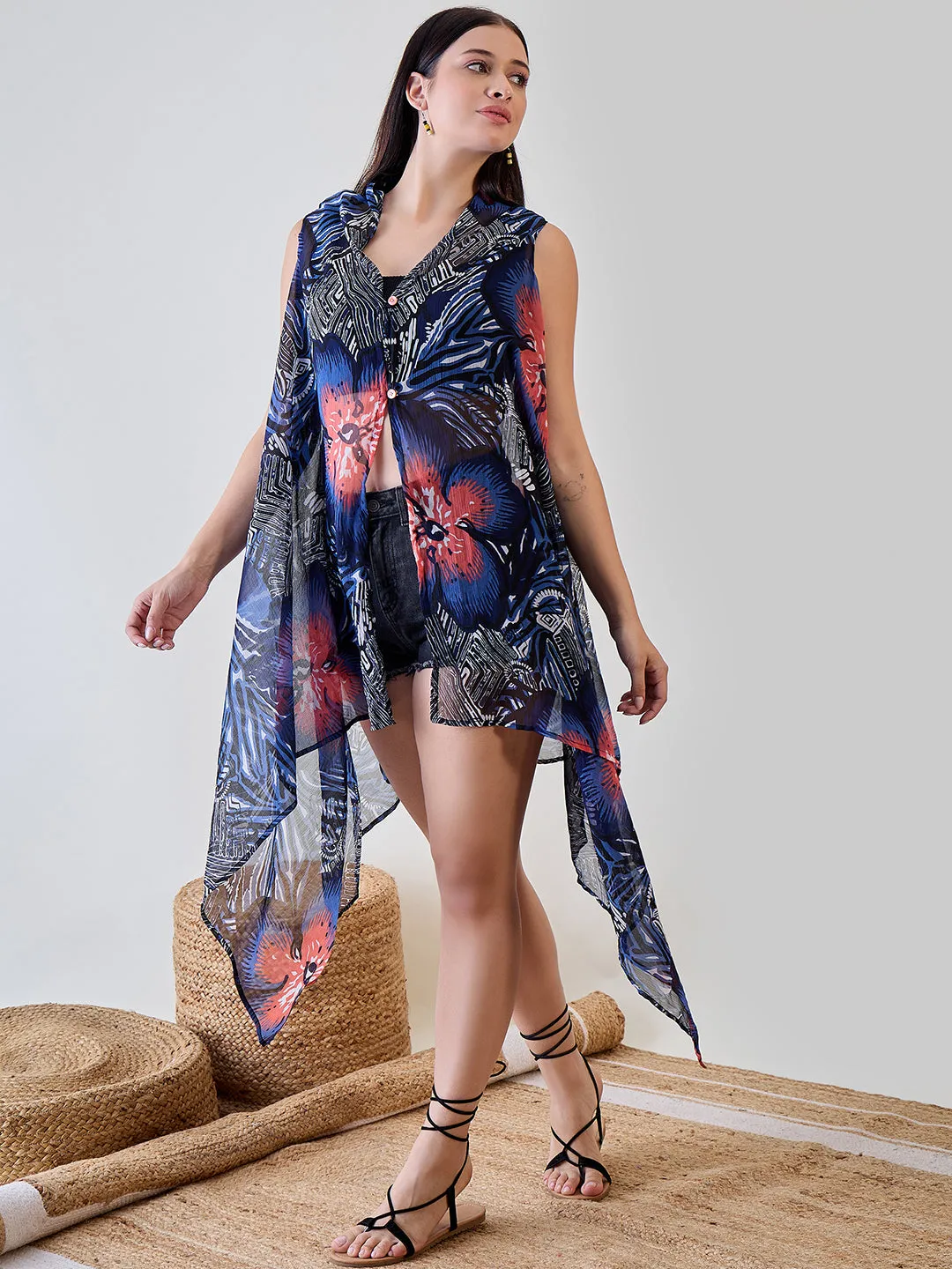 Navy Blue Shibori Printed Georgette Sheer Resort Cover Up