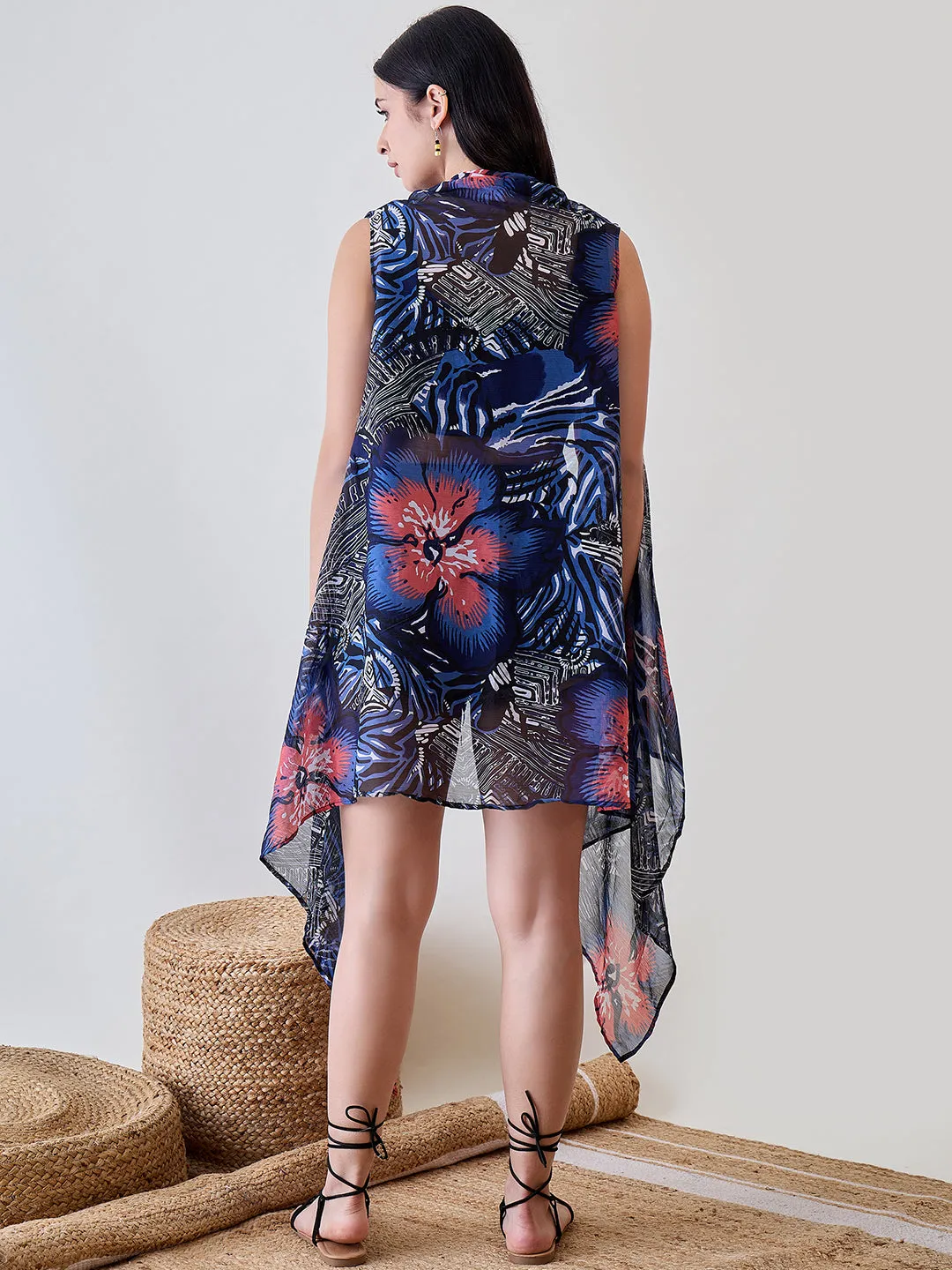 Navy Blue Shibori Printed Georgette Sheer Resort Cover Up