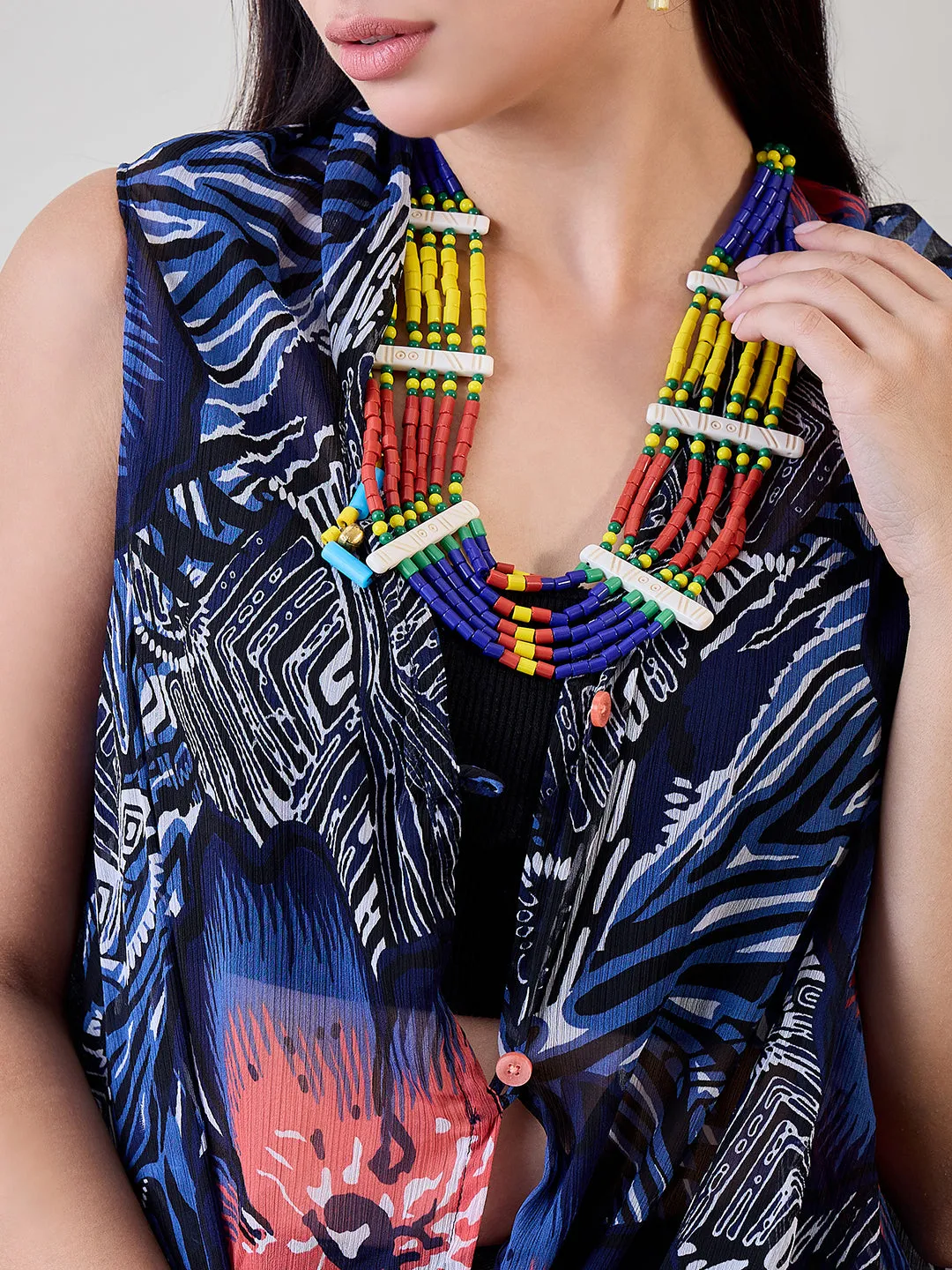 Navy Blue Shibori Printed Georgette Sheer Resort Cover Up