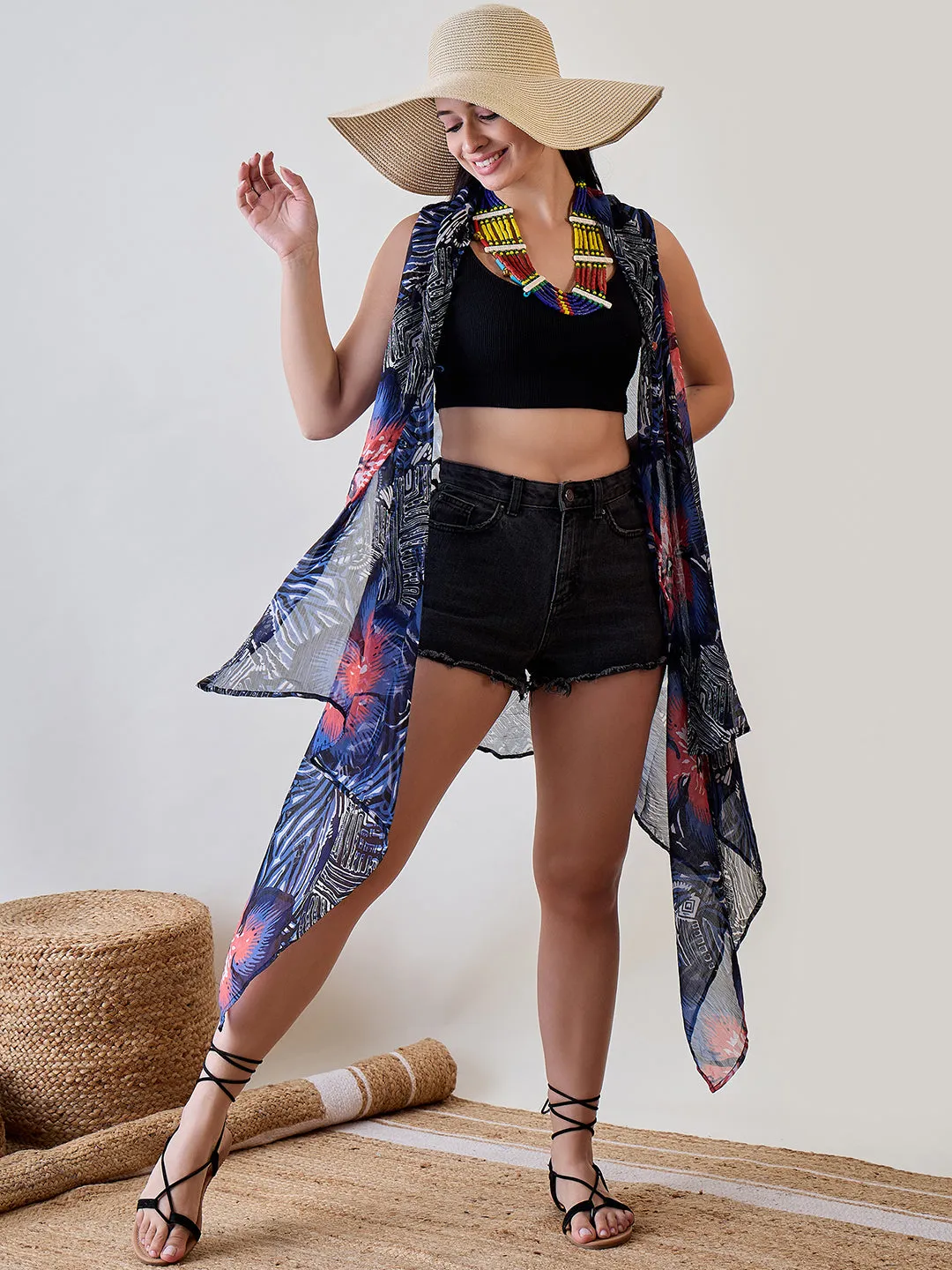 Navy Blue Shibori Printed Georgette Sheer Resort Cover Up