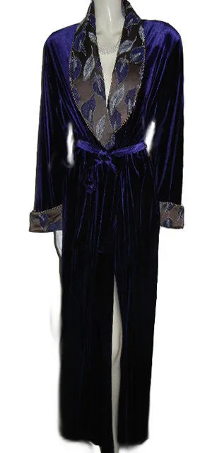 NEW - GORGEOUS DIAMOND TEA LUXURIOUS WRAP-STYLE SPANDEX VELVET VELOUR ROBE IN AMETHYST WITH BROCADE APPLIQUE-LOOK FLORAL & LEAF COLLAR & CUFFS - SIZE MEDIUM -  #1 - WOULD MAKE A WONDERFUL GIFT