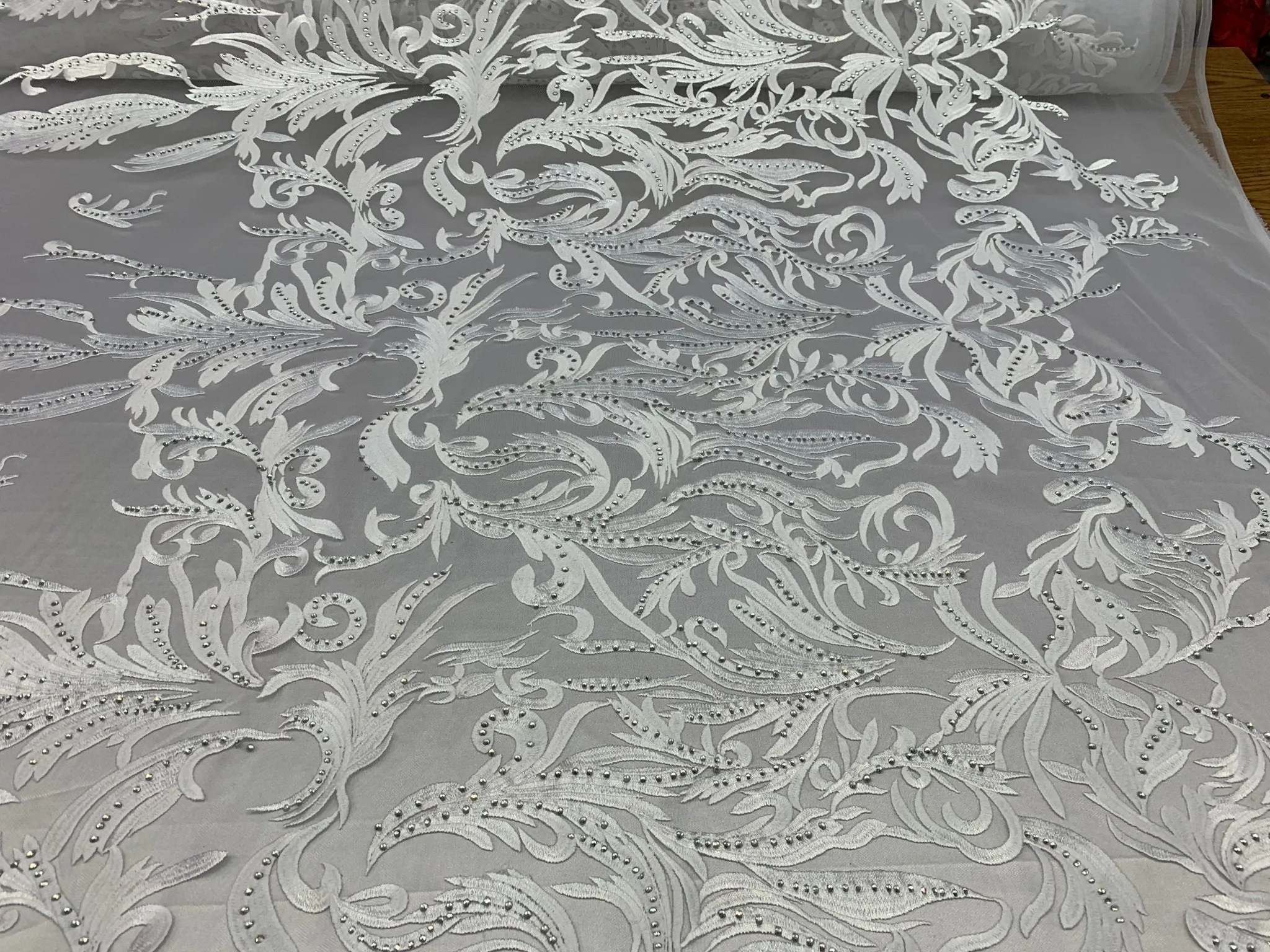 ONE Yard Mesh Lace Embroidered Fabric Leafs Design With Stones (White Color) High Quality Lace For Wedding/Prom/ Night Gowns Dress/ Fashion.