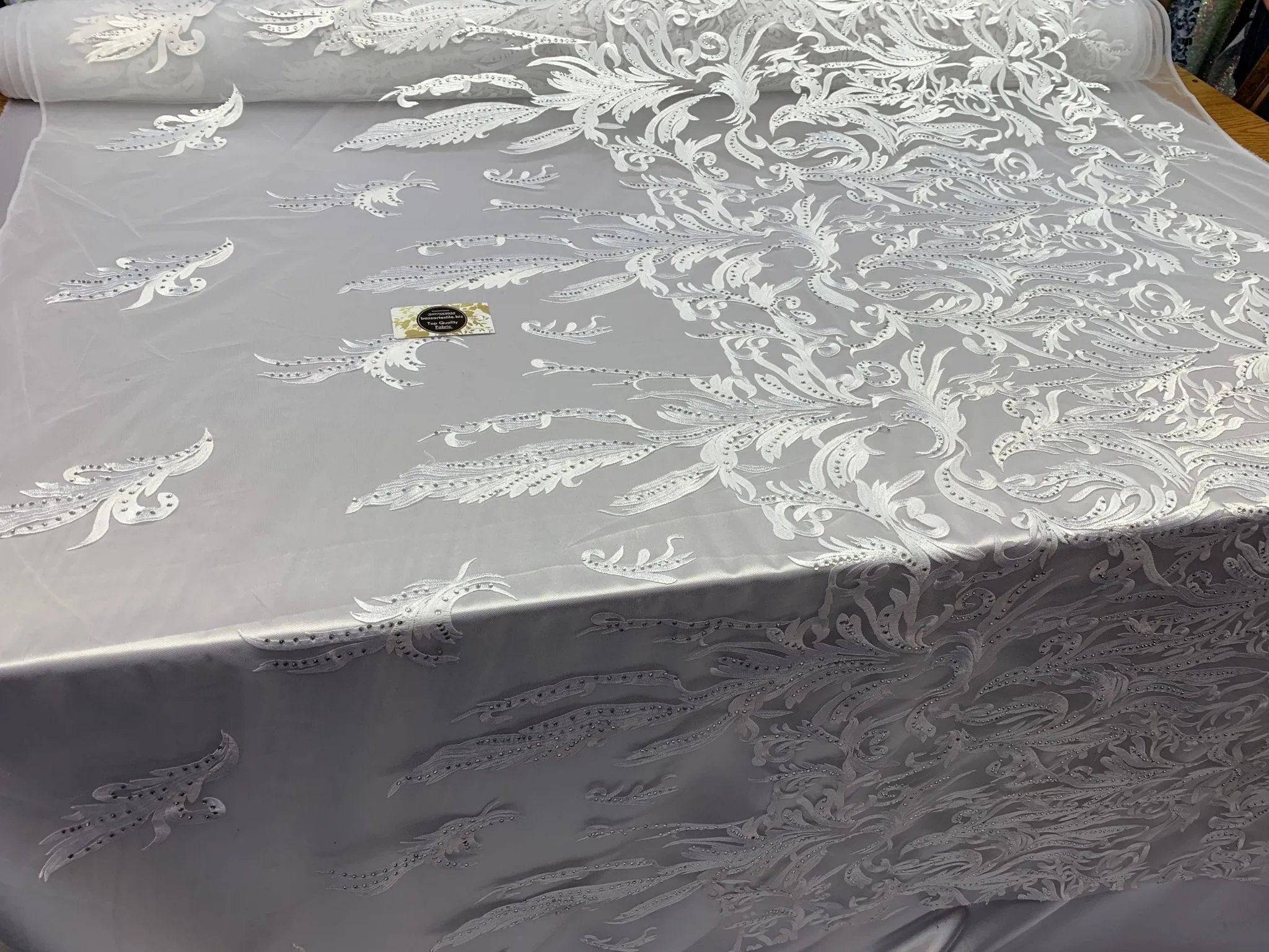 ONE Yard Mesh Lace Embroidered Fabric Leafs Design With Stones (White Color) High Quality Lace For Wedding/Prom/ Night Gowns Dress/ Fashion.