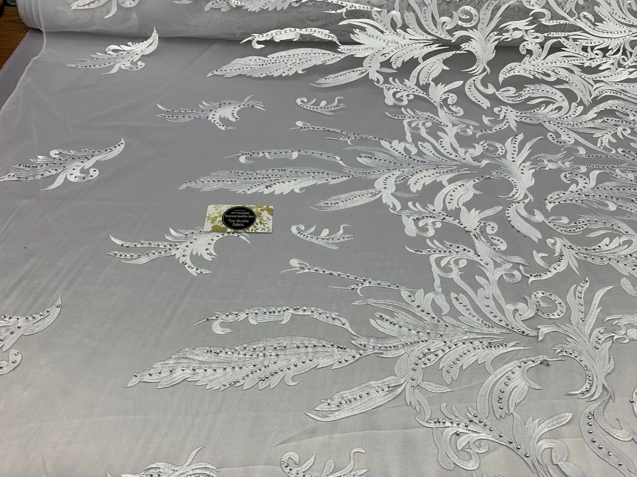ONE Yard Mesh Lace Embroidered Fabric Leafs Design With Stones (White Color) High Quality Lace For Wedding/Prom/ Night Gowns Dress/ Fashion.