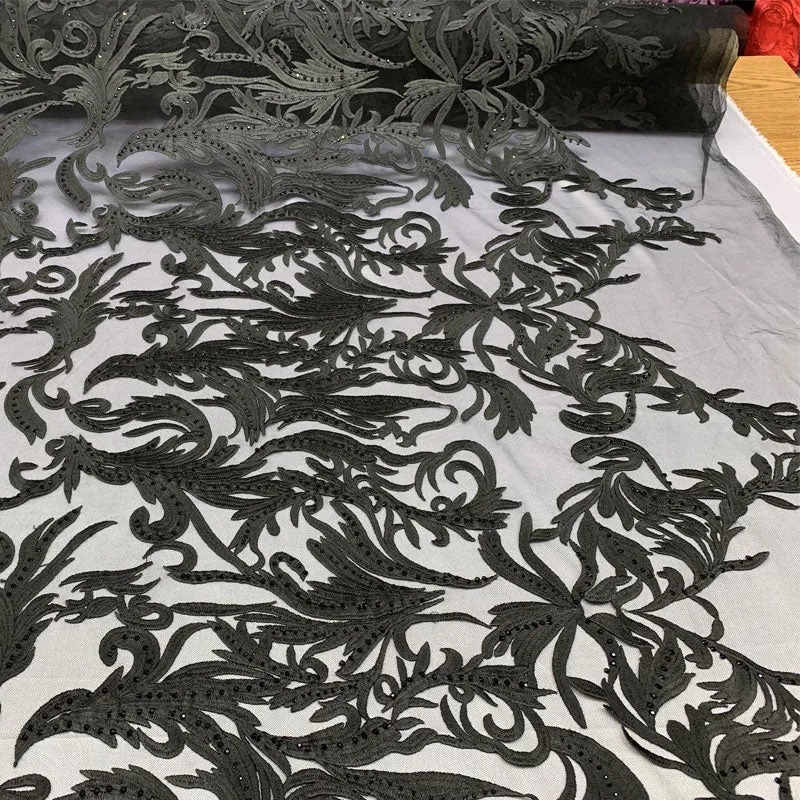 One Yard Mesh Lace Embroidered Fabric Leafs Design