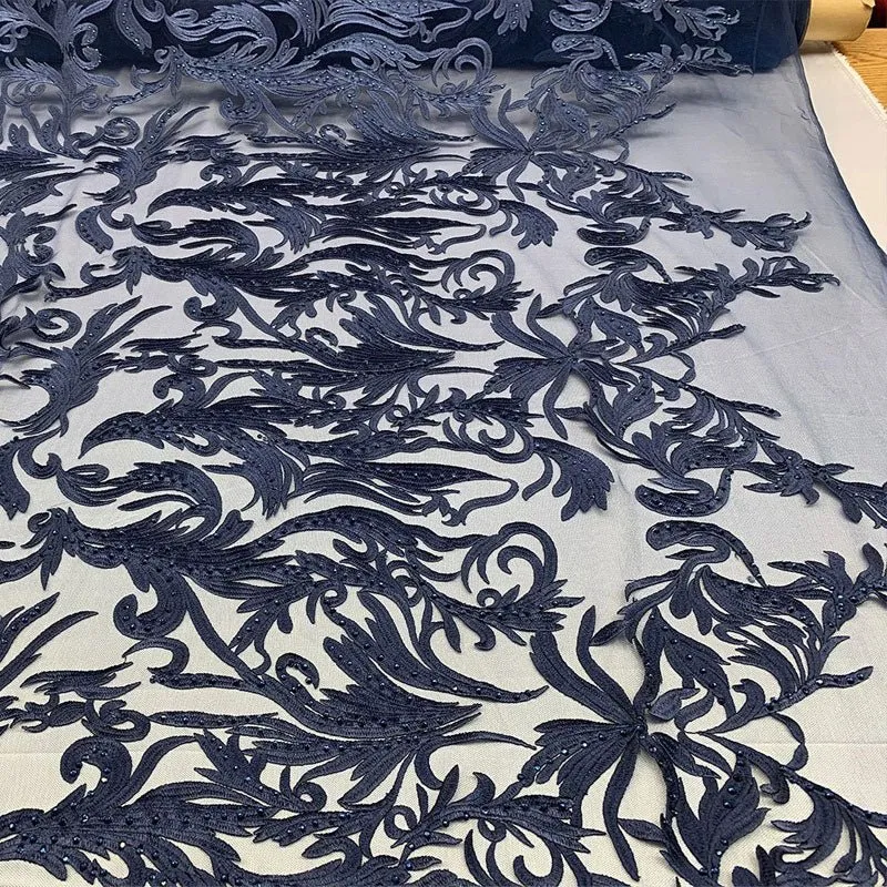 One Yard Mesh Lace Embroidered Fabric Leafs Design