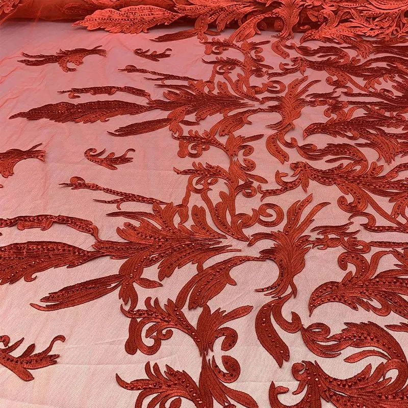One Yard Mesh Lace Embroidered Fabric Leafs Design