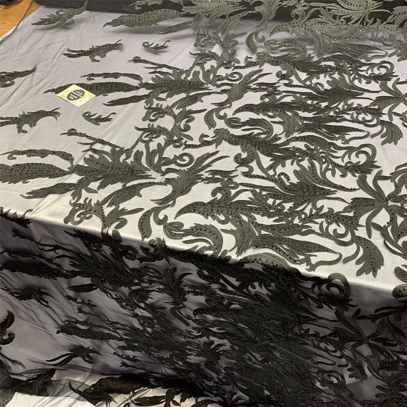 One Yard Mesh Lace Embroidered Fabric Leafs Design