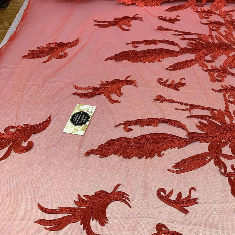 One Yard Mesh Lace Embroidered Fabric Leafs Design