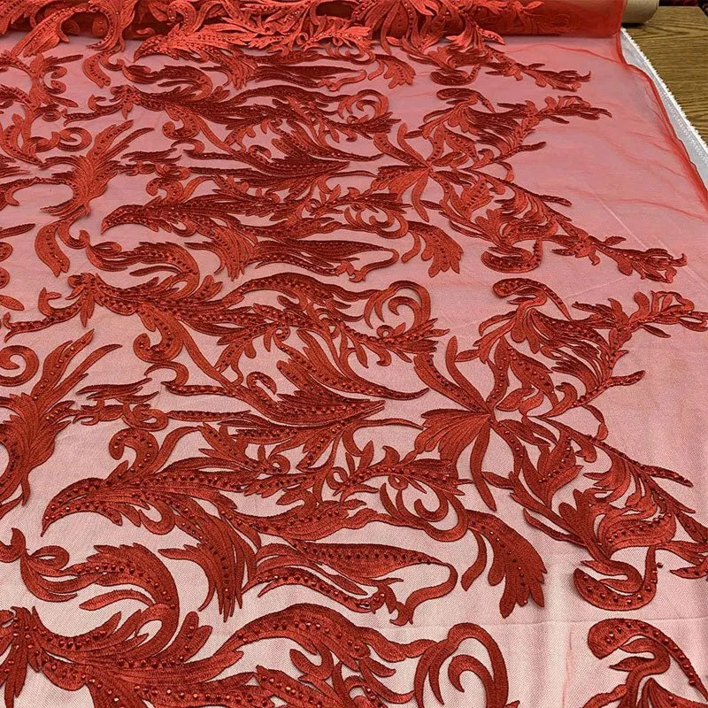 One Yard Mesh Lace Embroidered Fabric Leafs Design