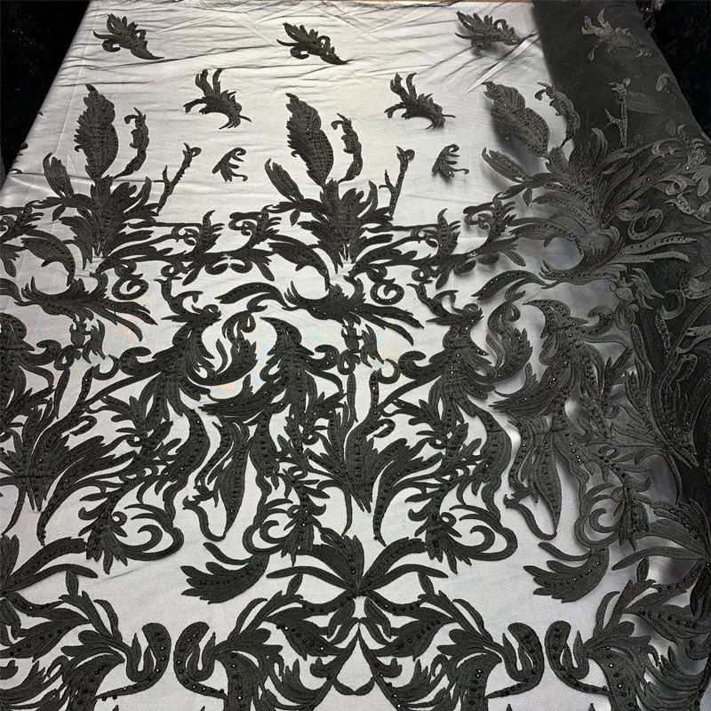One Yard Mesh Lace Embroidered Fabric Leafs Design