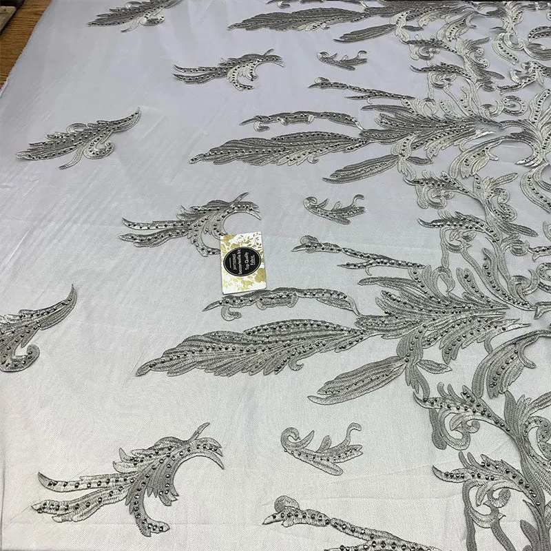 One Yard Mesh Lace Embroidered Fabric Leafs Design