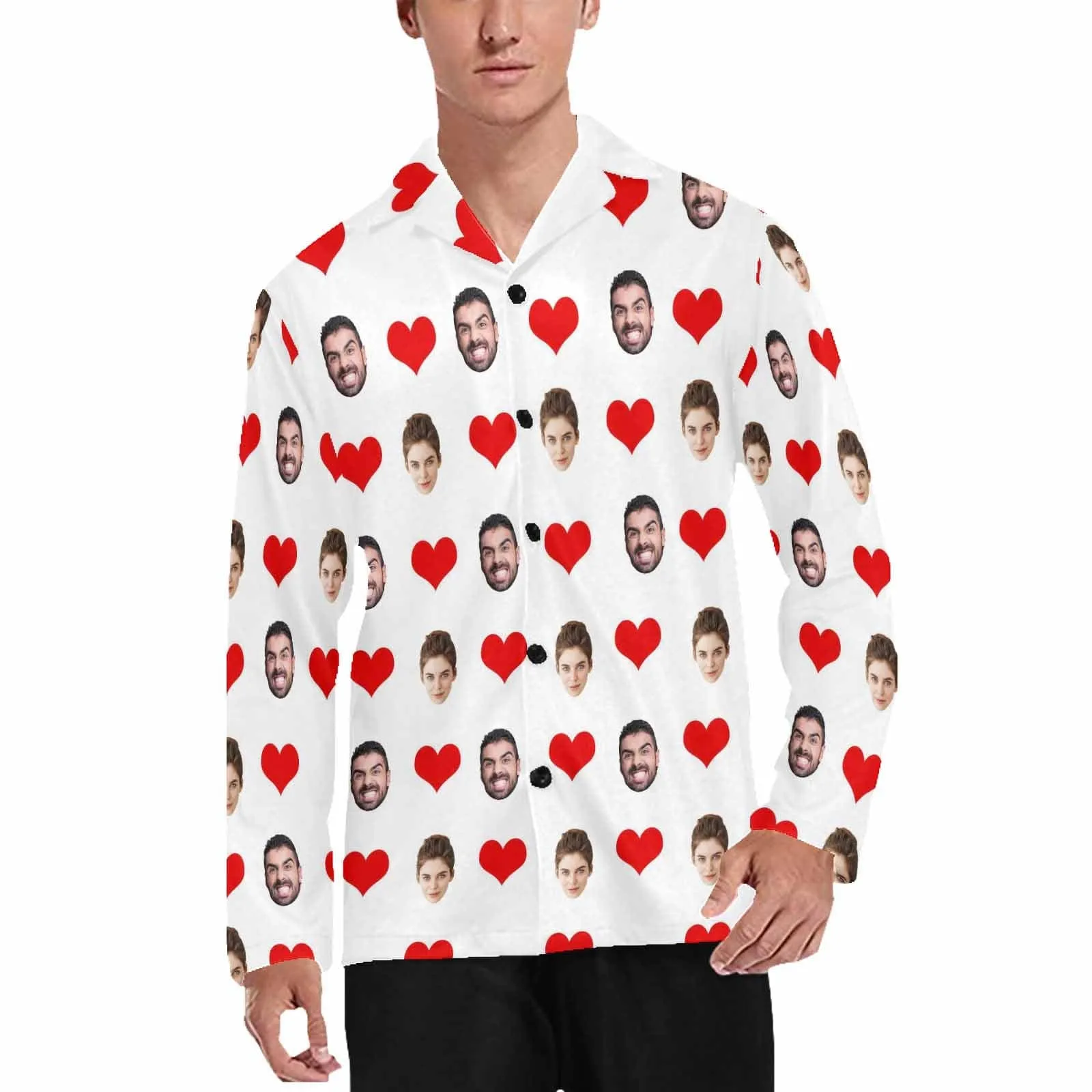 Pajama Shirt&Pajama Pants-Custom face Pajamas heart Men's Sleepwear Personalized Photo Men's V-Neck Long Pajama Set