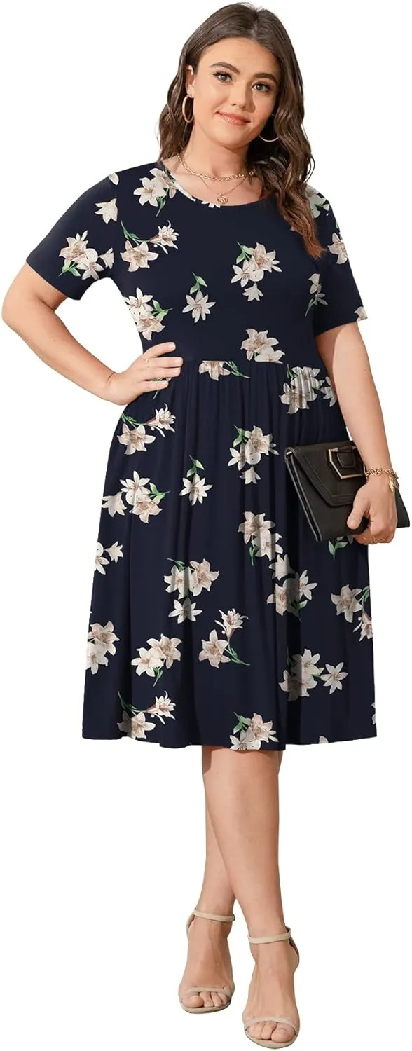 POSESHE Womens Plus Size Summer Dress 2025 Casual Short Sleeve Empire Waist Loose Fit Swing T-Shirt Dress with Pockets