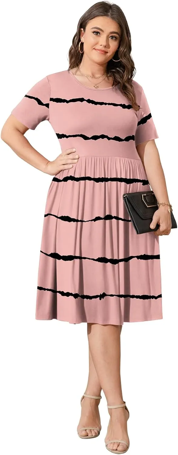 POSESHE Womens Plus Size Summer Dress 2025 Casual Short Sleeve Empire Waist Loose Fit Swing T-Shirt Dress with Pockets
