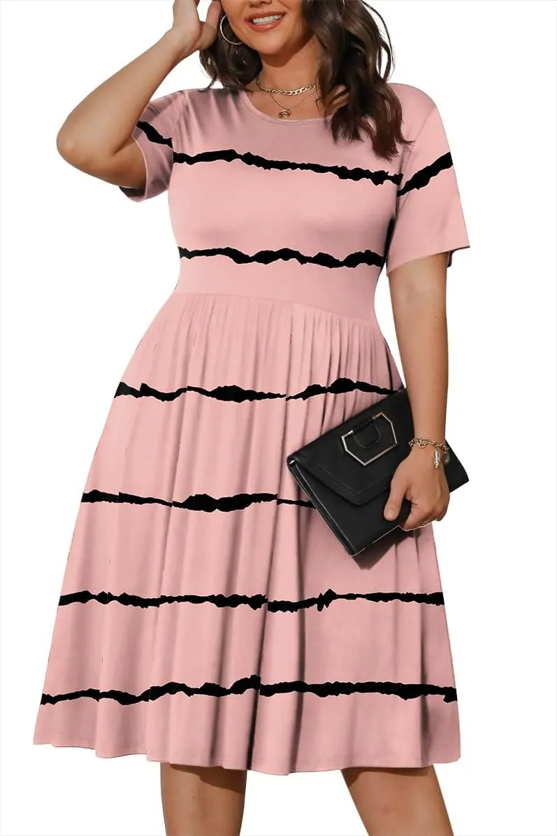 POSESHE Womens Plus Size Summer Dress 2025 Casual Short Sleeve Empire Waist Loose Fit Swing T-Shirt Dress with Pockets