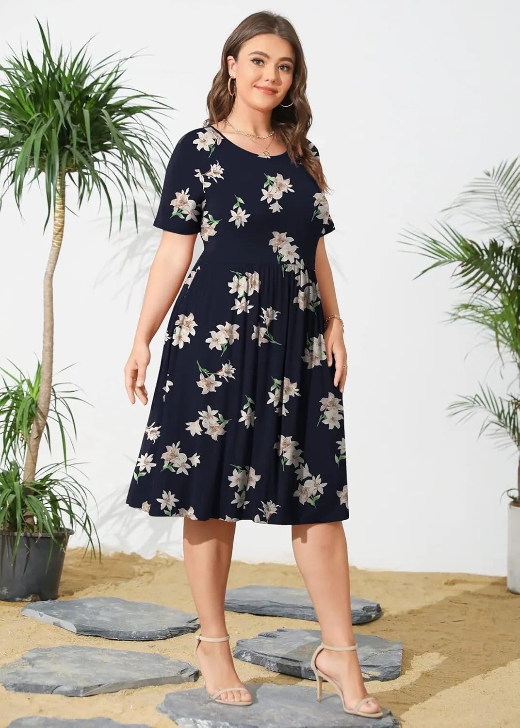 POSESHE Womens Plus Size Summer Dress 2025 Casual Short Sleeve Empire Waist Loose Fit Swing T-Shirt Dress with Pockets