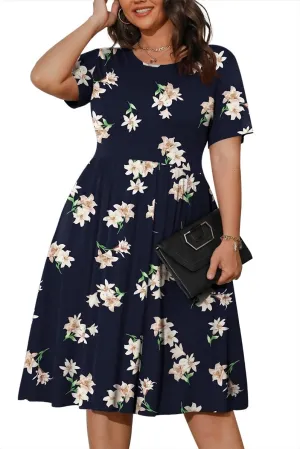 POSESHE Womens Plus Size Summer Dress 2025 Casual Short Sleeve Empire Waist Loose Fit Swing T-Shirt Dress with Pockets