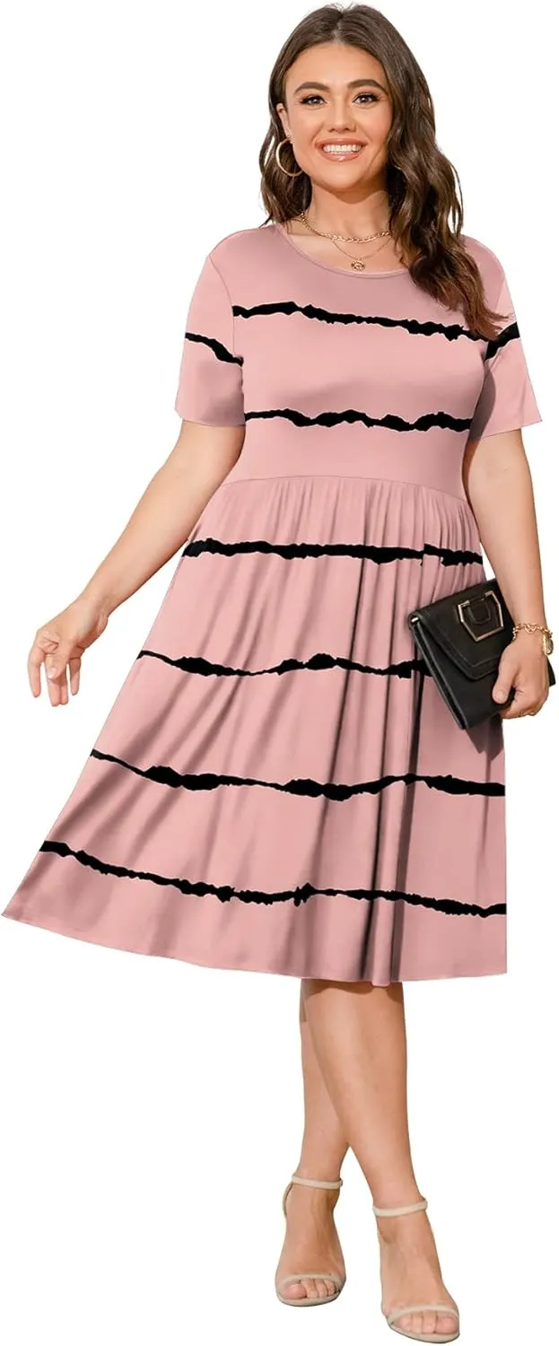POSESHE Womens Plus Size Summer Dress 2025 Casual Short Sleeve Empire Waist Loose Fit Swing T-Shirt Dress with Pockets