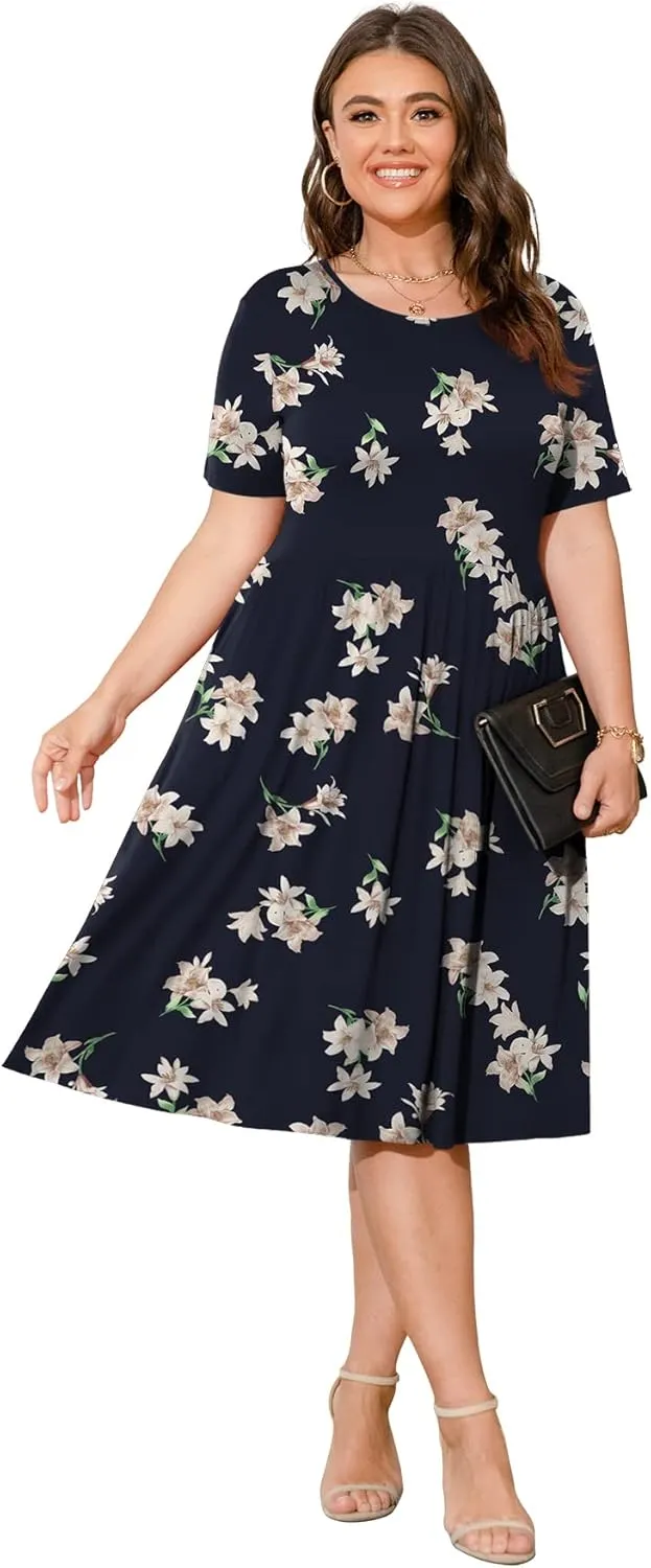 POSESHE Womens Plus Size Summer Dress 2025 Casual Short Sleeve Empire Waist Loose Fit Swing T-Shirt Dress with Pockets