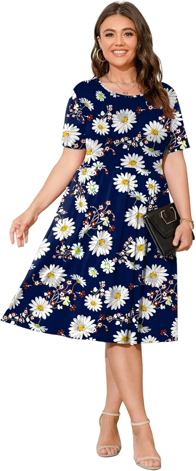 POSESHE Womens Plus Size Summer Dress 2025 Casual Short Sleeve Empire Waist Loose Fit Swing T-Shirt Dress with Pockets